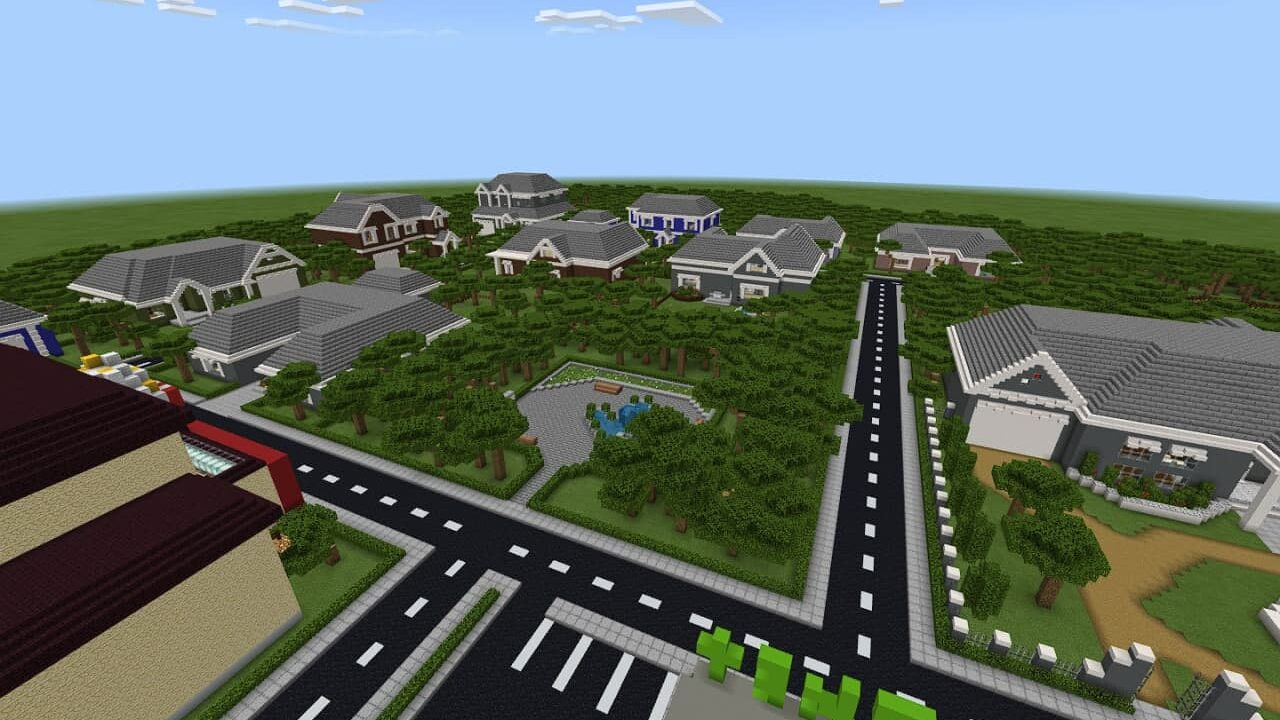 Houses in City with School map in Minecraft PE