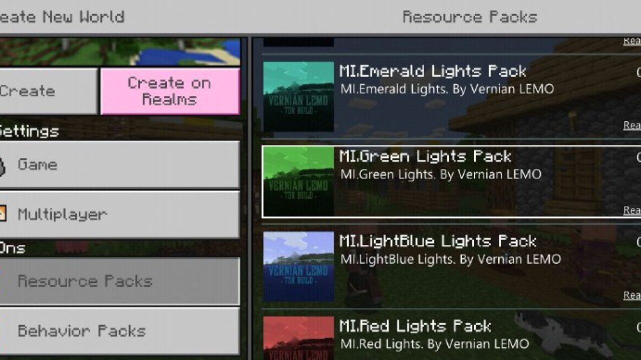 Menu from Colored Lights Shader for Minecraft PE