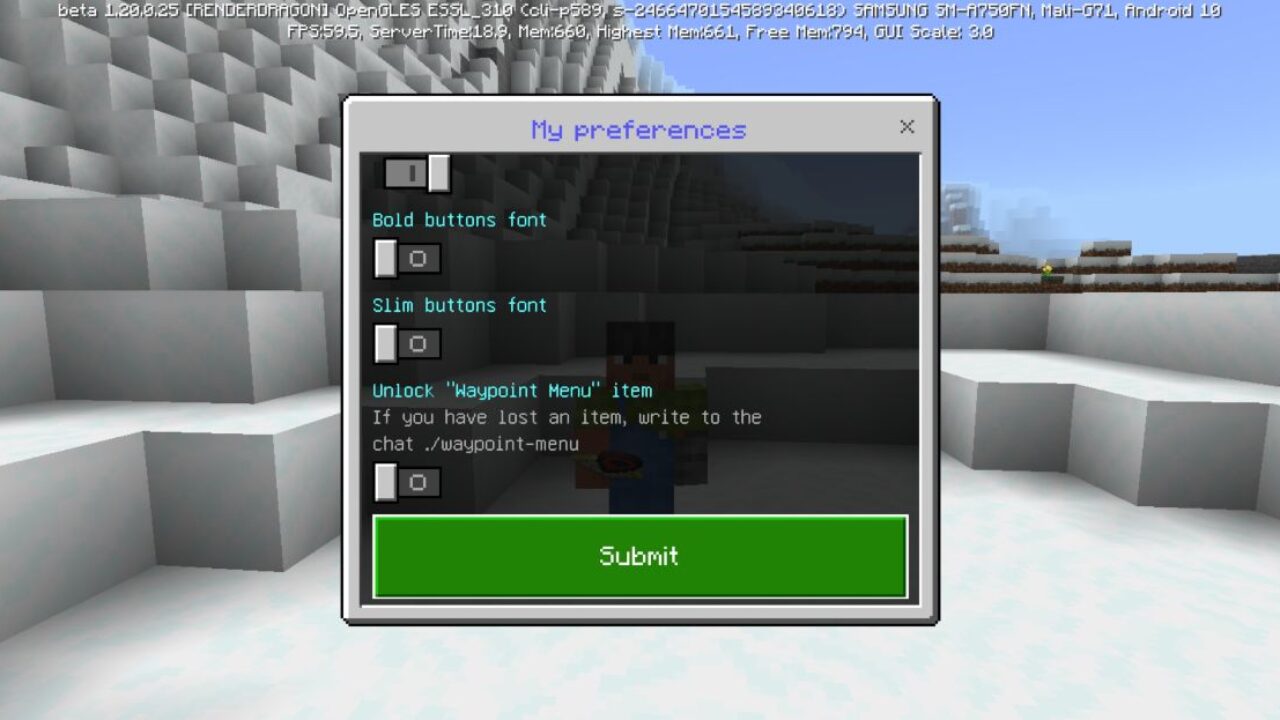 Preferences from Waypoint Mod for Minecraft PE