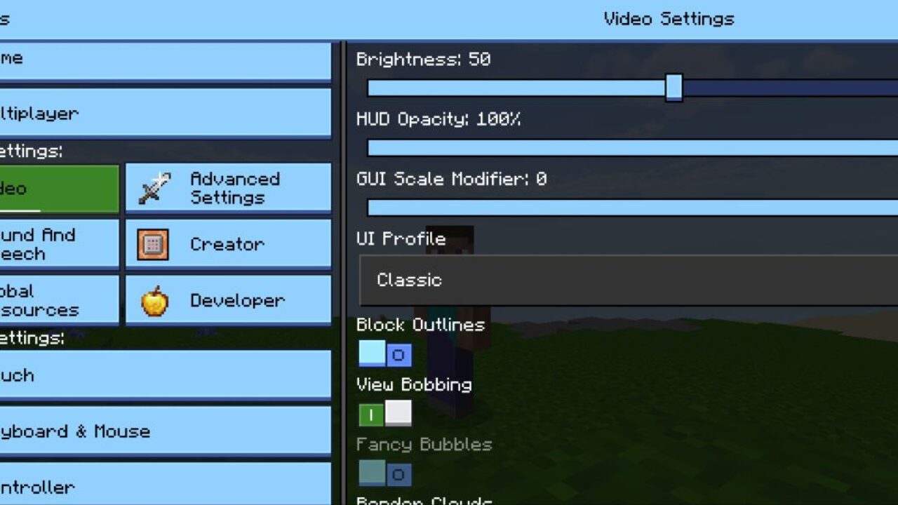 Settings from Neo UI Shader for Minecraft PE